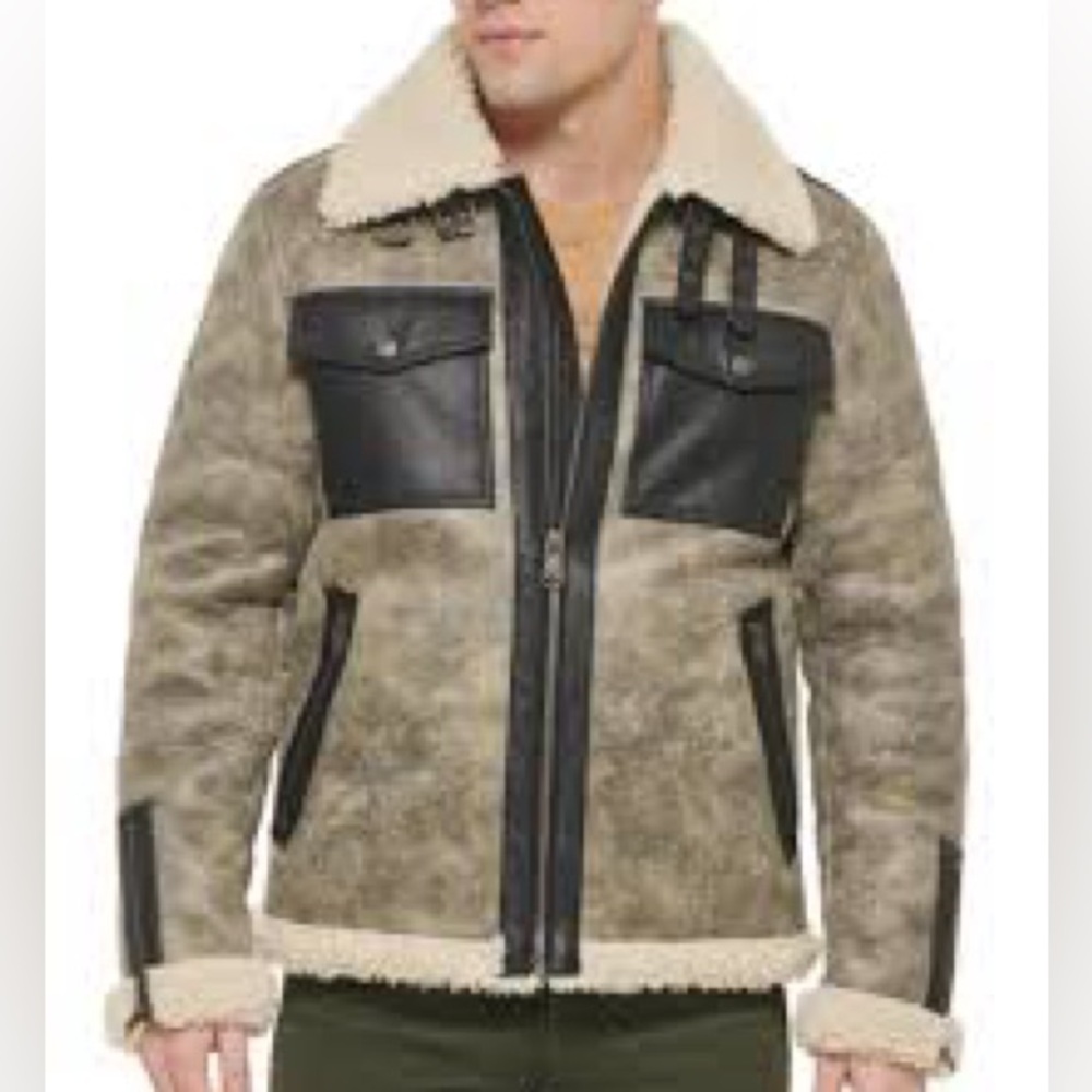 Tommy Hilfiger Men’s Aviator Sherpa Jacket –Grey & Black Faux Leather Trim XL